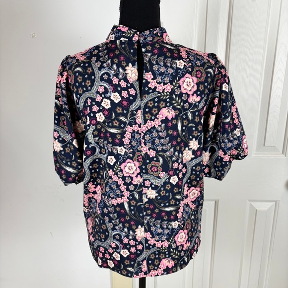 LOFT Womens Floral Paisley Puff Sleeve Blouse Navy Pink Size Medium - Picture 2 of 6